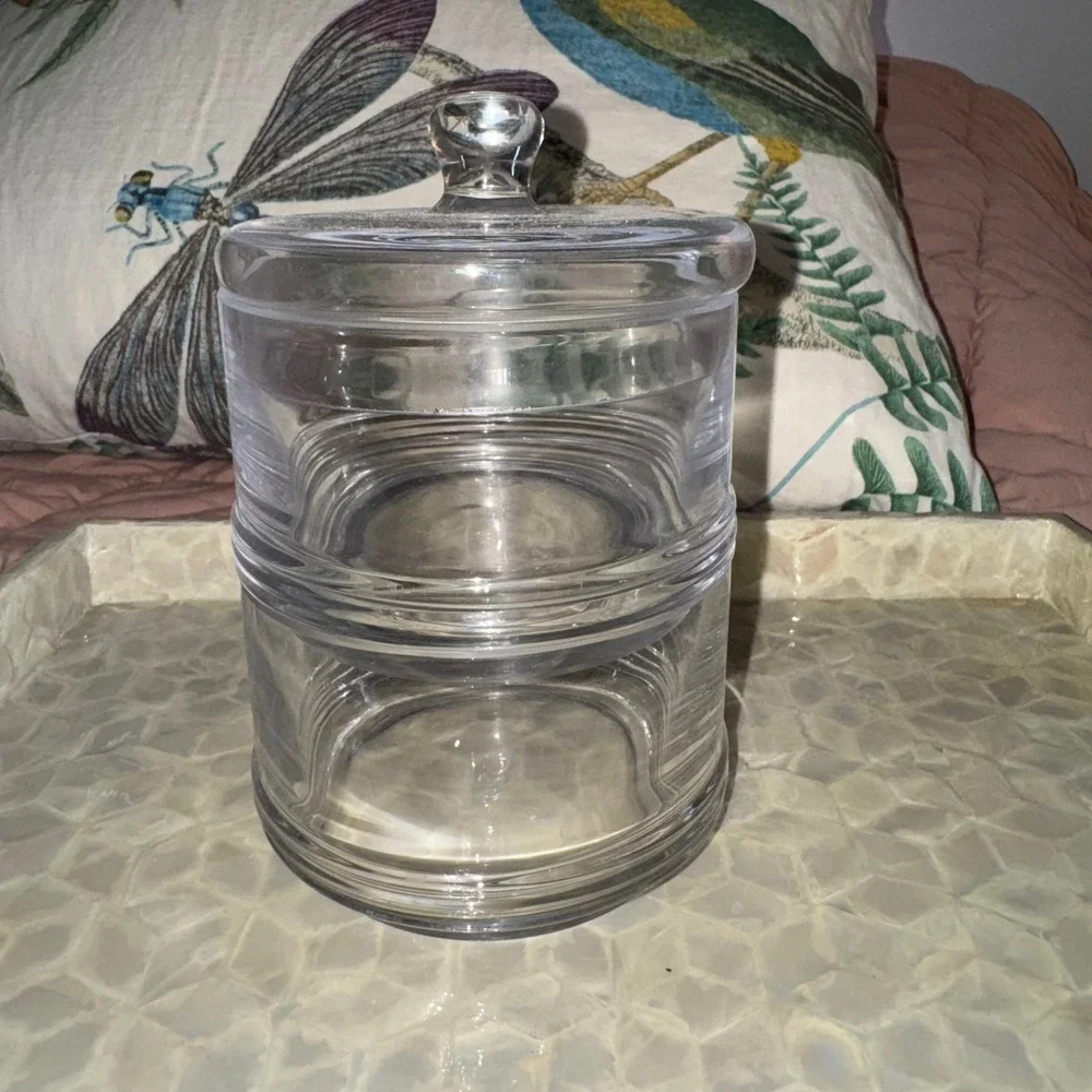 Vtg Glass Stackable Apothecary Jar 2 Tier Round Vanity Canister Lid